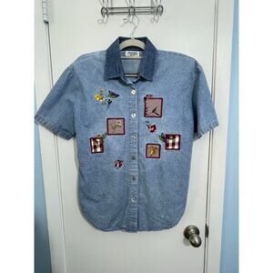 Vintage Teddi Denim Blouse Small Embroidered Hummingbirds Flowers Prairie Flaw